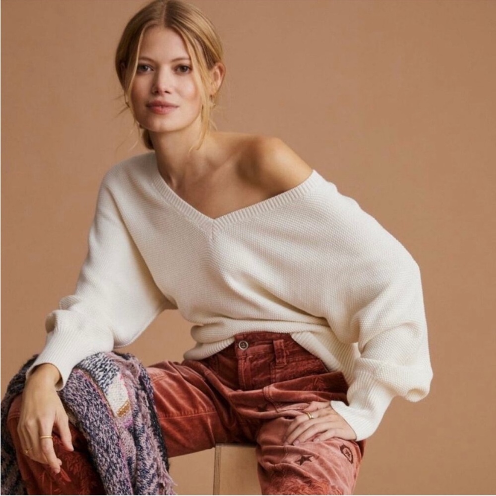 Anthropologie Waffle Knit Double V Neck Dolman Long Sleeve Sweater Ivory-XSP
